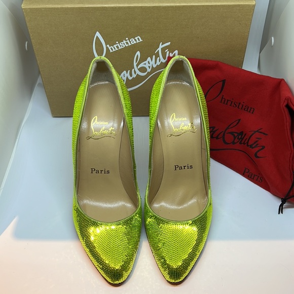 Christian Louboutin Lime Green Sequins pump 100 - Picture 3 of 4
